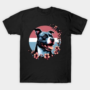 Staffordshire Bull Terrier Revels in Spring Cherry Blossoms T-Shirt